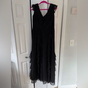 Aidan mattox black ruffled gown with beading